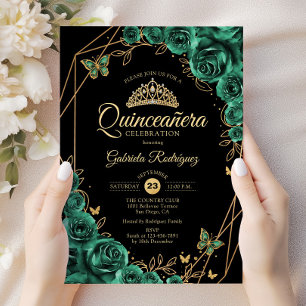 Invitation Quinceanera Floral Emeral Vert Or Noir