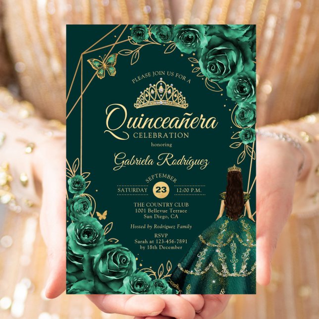 Invitation Quinceanera Floral Emerald Gold Gold Dress (Créateur téléchargé)