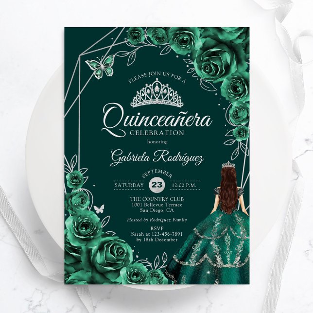 Invitation Quinceanera Floral Emerald Green Silver Dress (Créateur téléchargé)