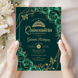 Invitation Quinceanera Floral Emerald Or vert