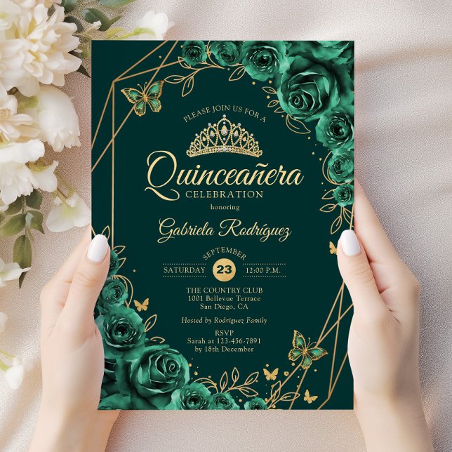 Invitation Quinceanera Floral Emerald Or vert (Créateur téléchargé)