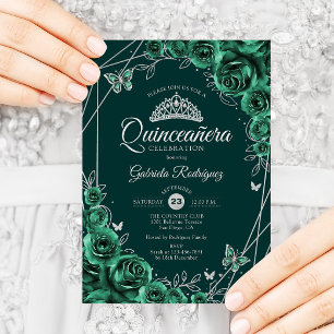 Invitation Quinceanera Floral Emerald Vert Argent