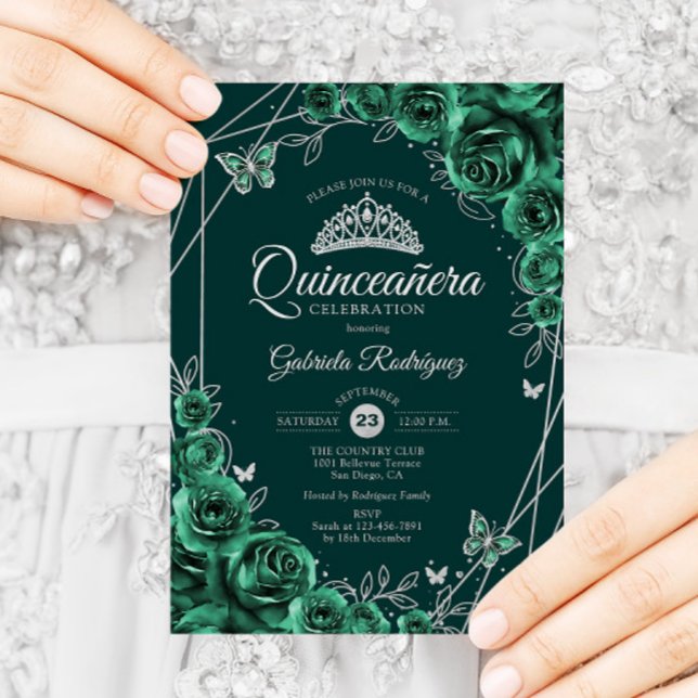 Invitation Quinceanera Floral Emerald Vert Argent (Créateur téléchargé)