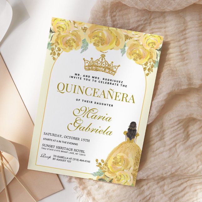 Invitation Quinceanera Floral Jaune Or Mis Quince Anos (Créateur téléchargé)