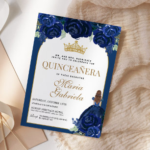 Invitation Quinceanera Floral Navy Blue Gold Mis Quince Anos