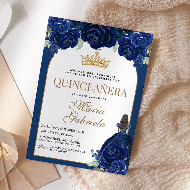 Invitation Quinceanera Floral Navy Blue Gold Mis Quince Anos (Créateur téléchargé)