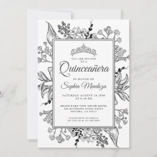Invitation Quinceanera Floral noir blanc