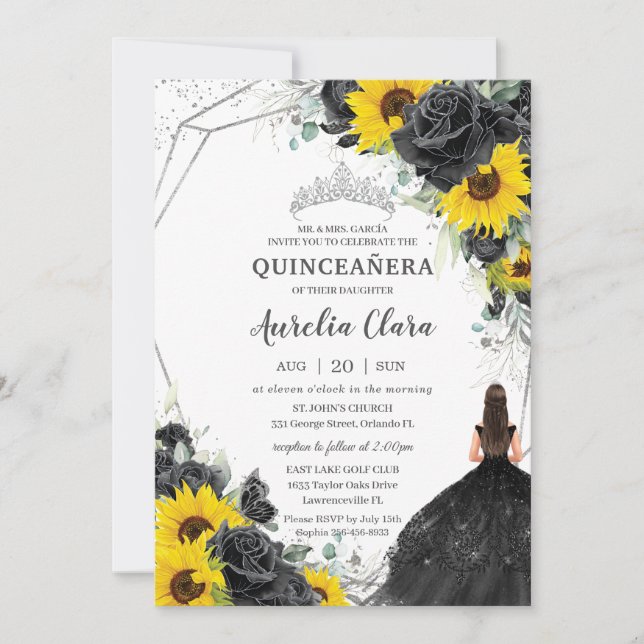 Invitation Quinceañera Floral noir Rose tournesol argent (Devant)