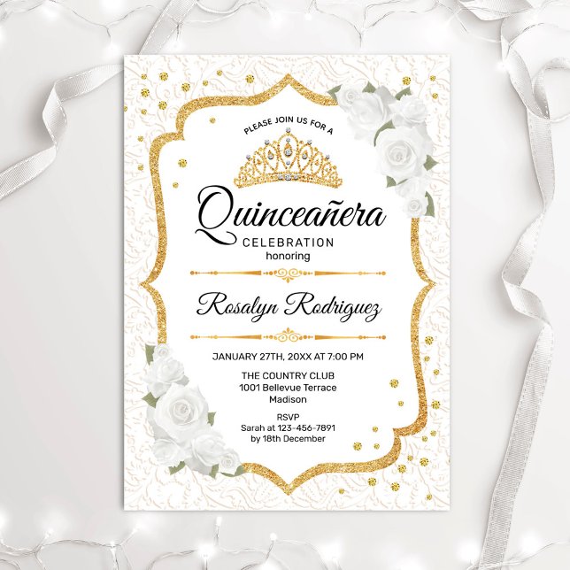 Invitation Quinceanera - Floral or blanc (Créateur téléchargé)