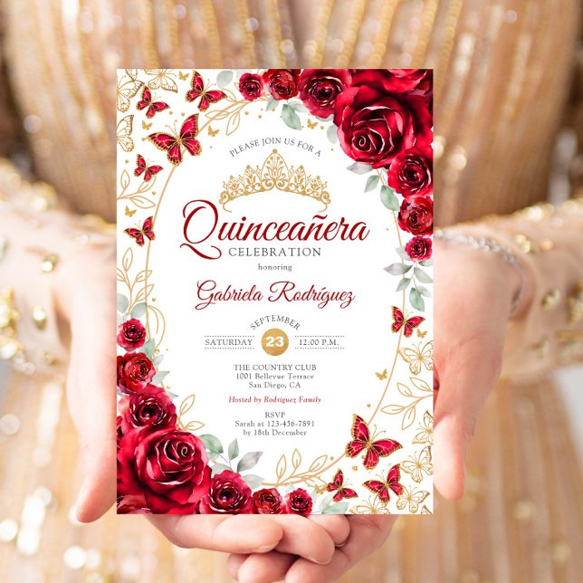 Invitation Quinceanera Floral Or Rouge (Créateur téléchargé)