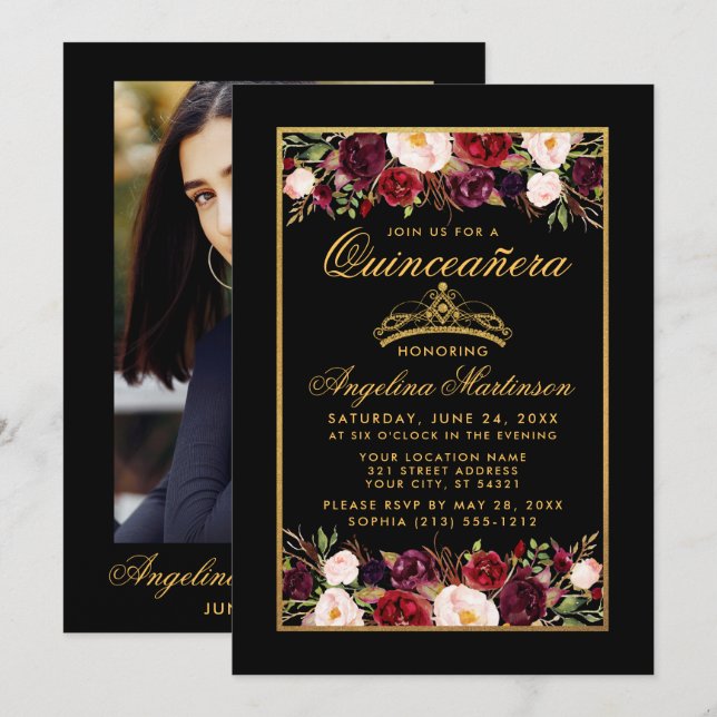 Invitation Quinceanera Floral Photo Or Cadre Couronne Noir (Devant / Derrière)