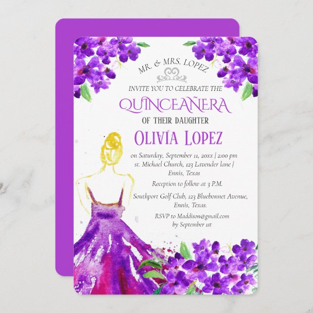 Invitation Quinceañera Floral pourpre 15e anniversaire (Devant / Derrière)