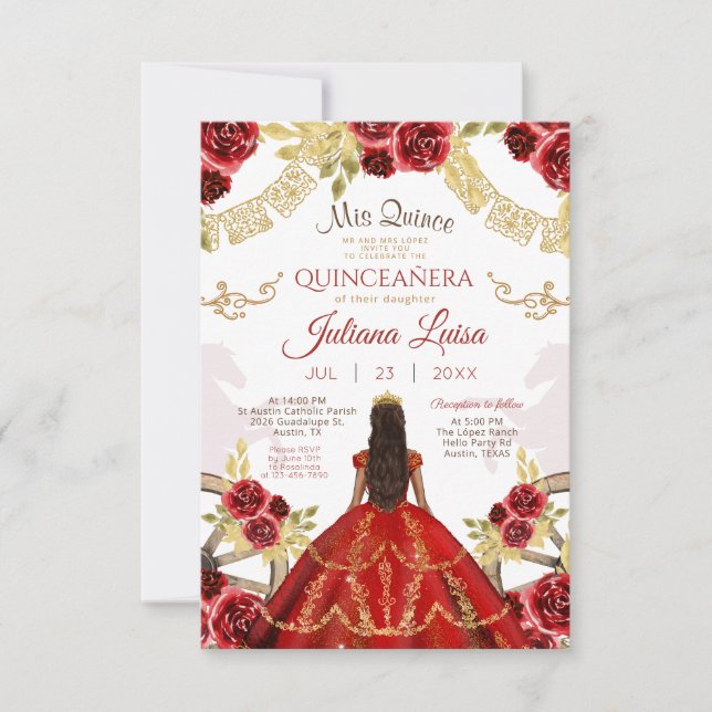 Invitation Quinceañera Floral Red Gold Charra Horaires mexica (Devant)