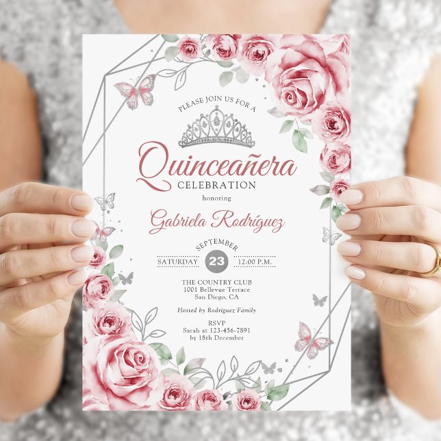 Invitation Quinceanera Floral Rose Argent (Créateur téléchargé)