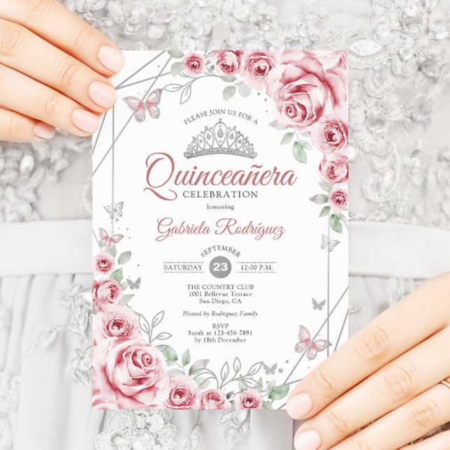 Invitation Quinceanera Floral rose argent (Créateur téléchargé)