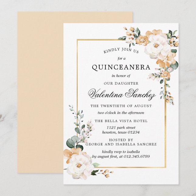Invitation Quinceanera Floral Rose blanc et or (Devant / Derrière)