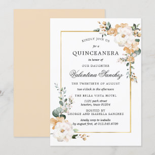 Invitation Quinceanera Floral Rose blanc et or