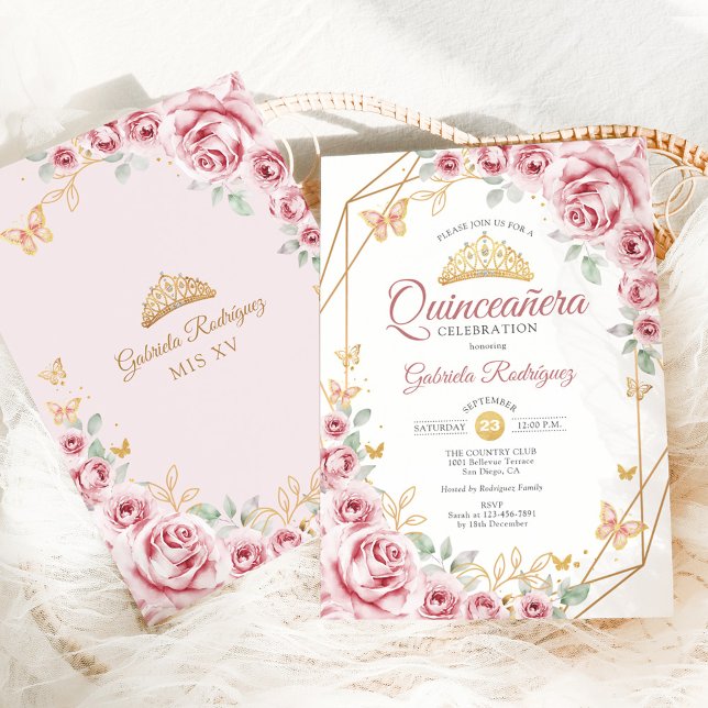 Invitation Quinceanera Floral Rose Or (Créateur téléchargé)