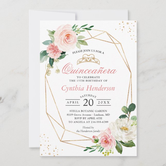 Invitation Quinceañera floral rose rose rose moderne 15e anni (Devant)