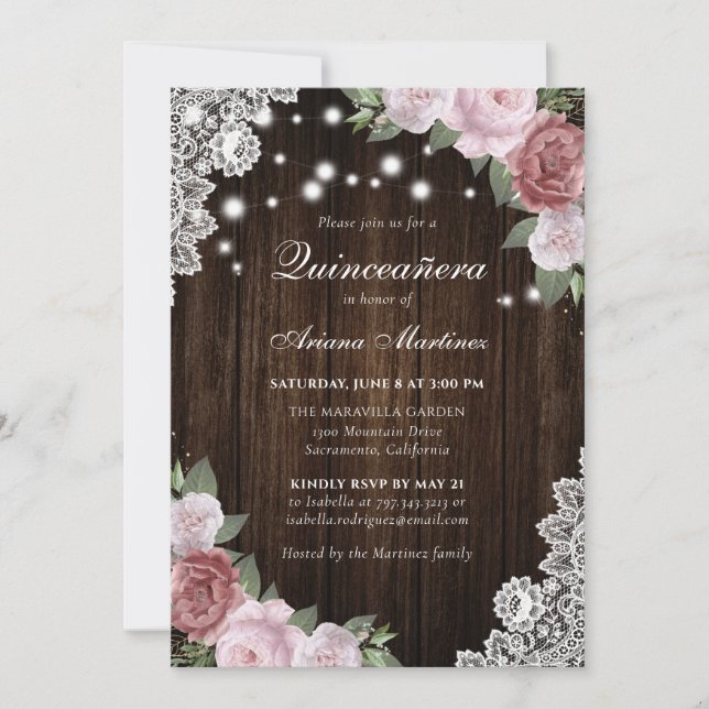 Invitation Quinceañera, Floral rose roux en bois (Devant)