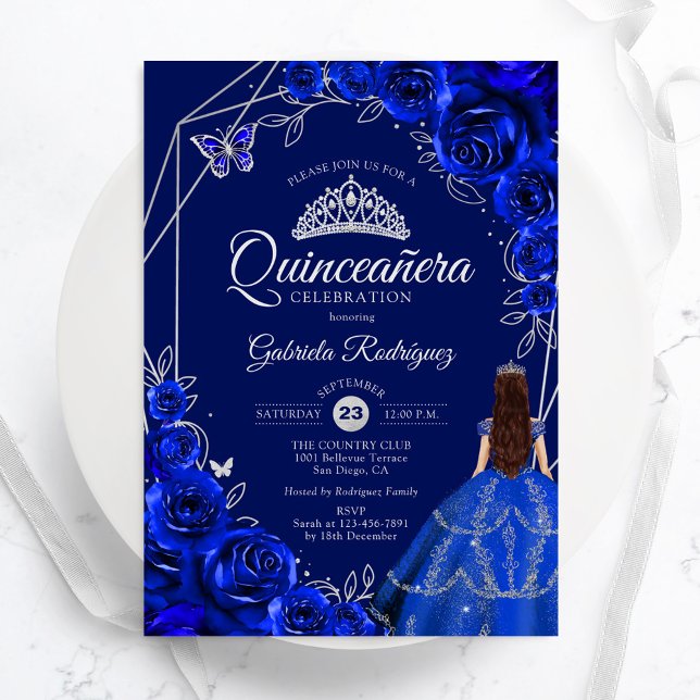 Invitation Quinceanera Floral Royal Blue Silver Dress (Créateur téléchargé)