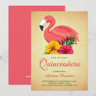 Invitation Quinceanera Floral Rustique Vintage Flamant Rose