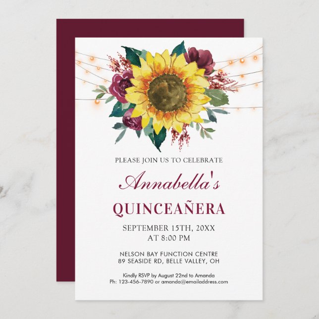 Invitation Quinceanera Floral Tournesol Lights Party (Devant / Derrière)