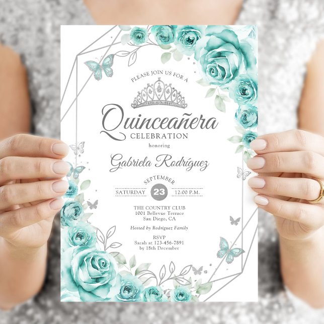 Invitation Quinceanera Floral Turquoise Argent (Créateur téléchargé)