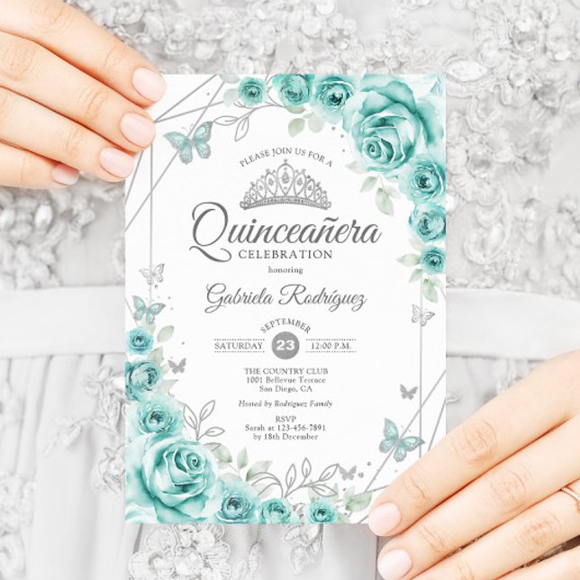 Invitation Quinceanera Floral Turquoise Argent (Créateur téléchargé)