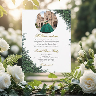 Invitation Quinceanera floral vert émeraude avec photo