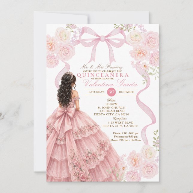 Invitation Quinceañera Florale à Ruban Rose (Devant)