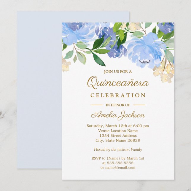 Invitation Quinceanera florale aquarelle bleu marine (Devant / Derrière)
