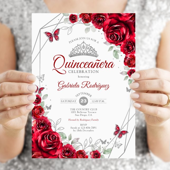 Invitation Quinceanera Florale Argent Rouge (Créateur téléchargé)