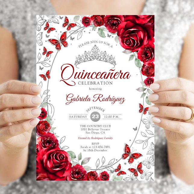 Invitation Quinceañera Florale Argent Rouge (Créateur téléchargé)