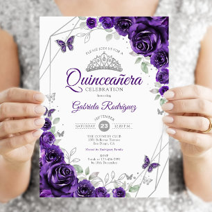 Invitation Quinceanera Florale Argent Violet
