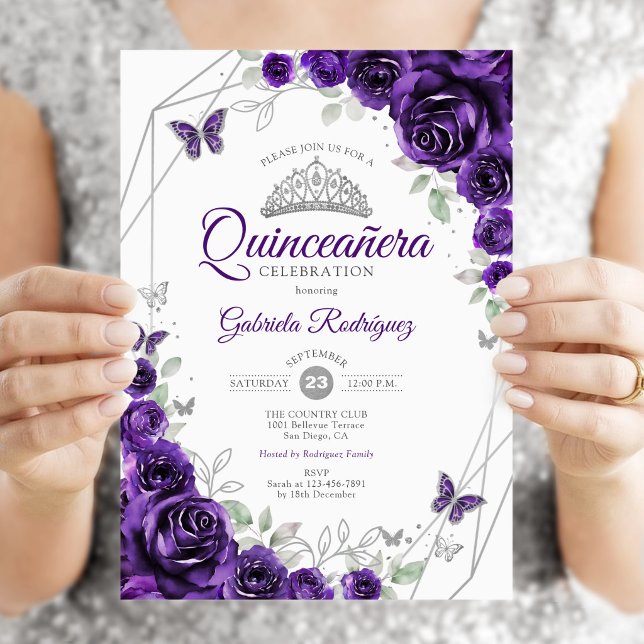 Invitation Quinceanera Florale Argent Violet (Créateur téléchargé)