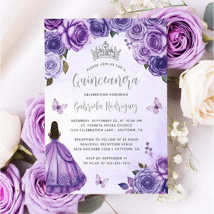 Invitation Quinceañera Florale Argentée et Violette Aquarelle