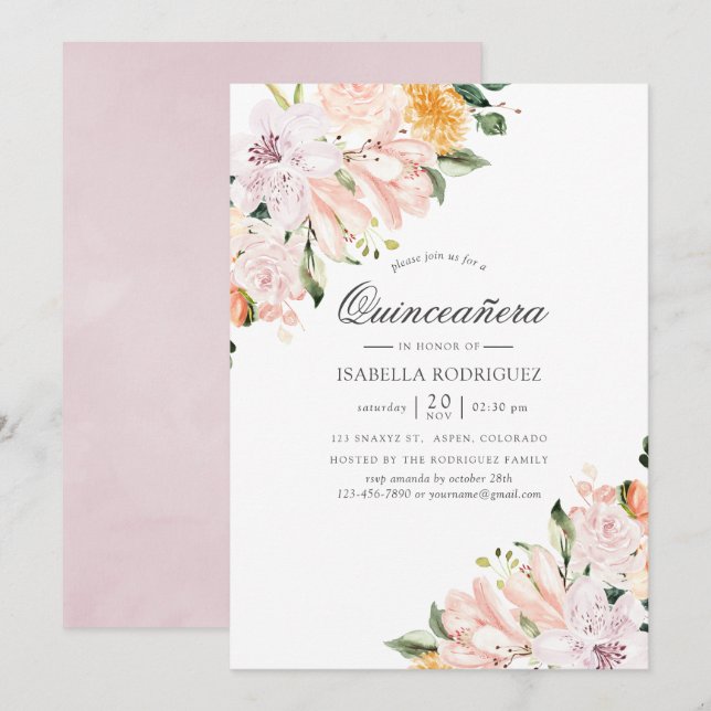 Invitation Quinceañera Florale aux Teintes Pastel (Devant / Derrière)