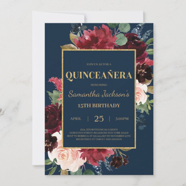 Invitation quinceanera florale bleu bordeaux bleu marine (Devant)
