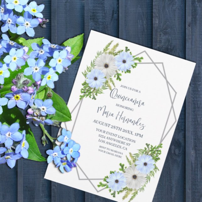 Invitation Quinceañera Florale Bleu Clair et Blanc Rustique  (Créateur téléchargé)