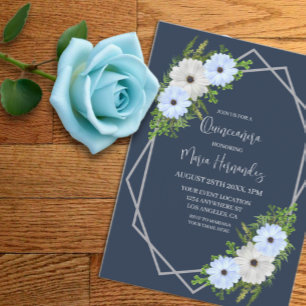Invitation Quinceañera Florale Bleu Clair et Blanc Rustique