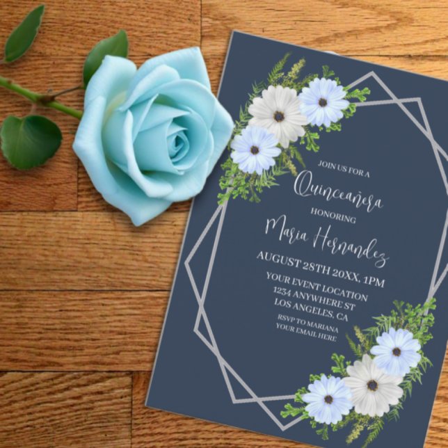 Invitation Quinceañera Florale Bleu Clair et Blanc Rustique  (Créateur téléchargé)