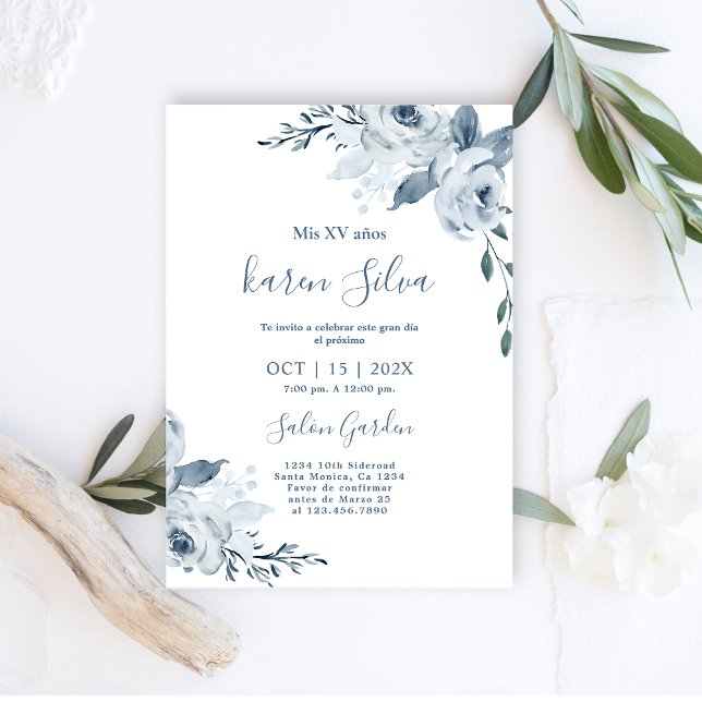 Invitation Quinceanera Florale Bleu Dusty (Créateur téléchargé)