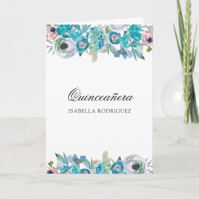 Invitation Quinceañera florale bleu et turquoise (Devant)