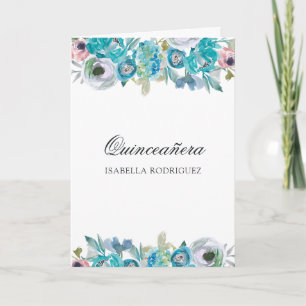 Invitation Quinceañera florale bleu et turquoise