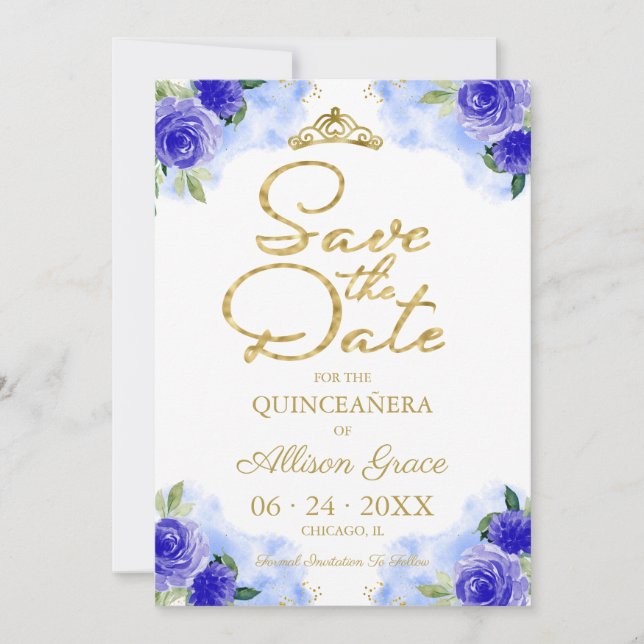 Invitation Quinceanera Florale Bleu Or Enregistrer La Date (Devant)