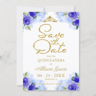 Invitation Quinceanera Florale Bleu Or Enregistrer La Date