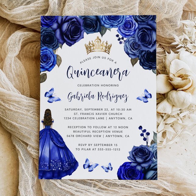 Invitation Quinceañera Florale Bleu Royal (Créateur téléchargé)