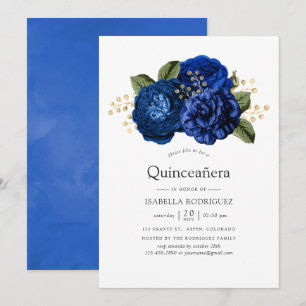 Invitation Quinceañera Florale Bleu Royale et Or