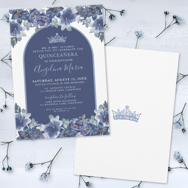 Invitation Quinceanera Florale Bleue Anniversaire (Elegant Floral Blue Quinceanera Birthday Invitation)